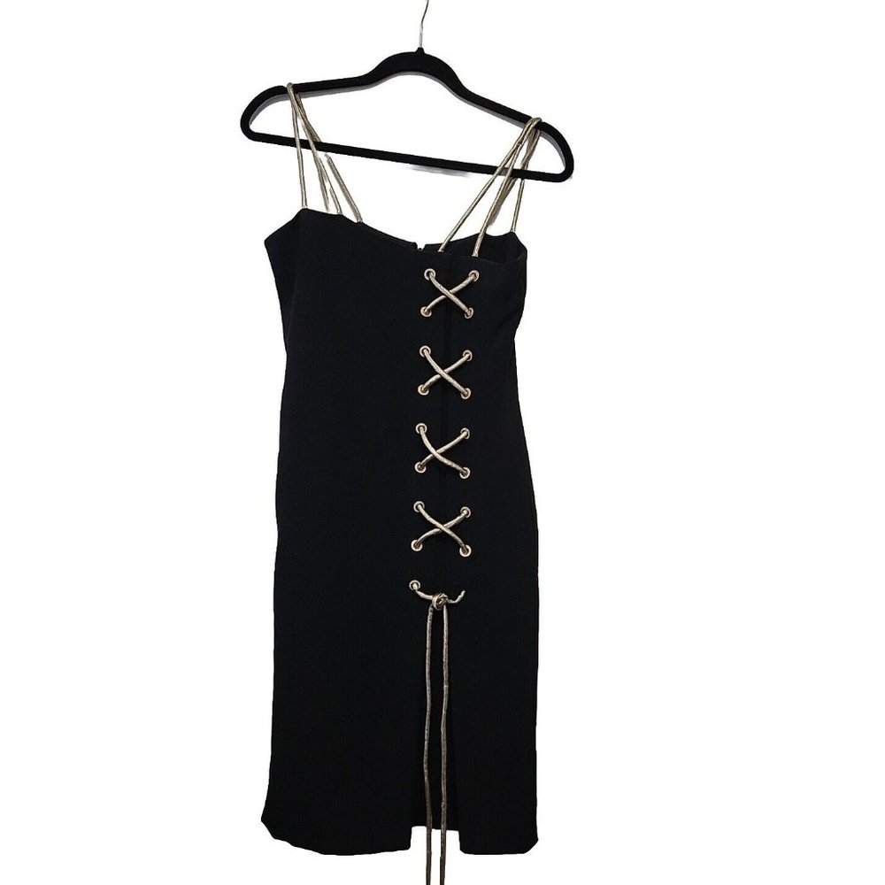 Vintage 80s Joan Raines I Magnum Shoelace Mini Dress Black Gold Small